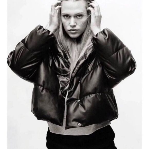 🔥Zara Black Puffer Jacket faux leather sz Small New - Picture 5 of 6